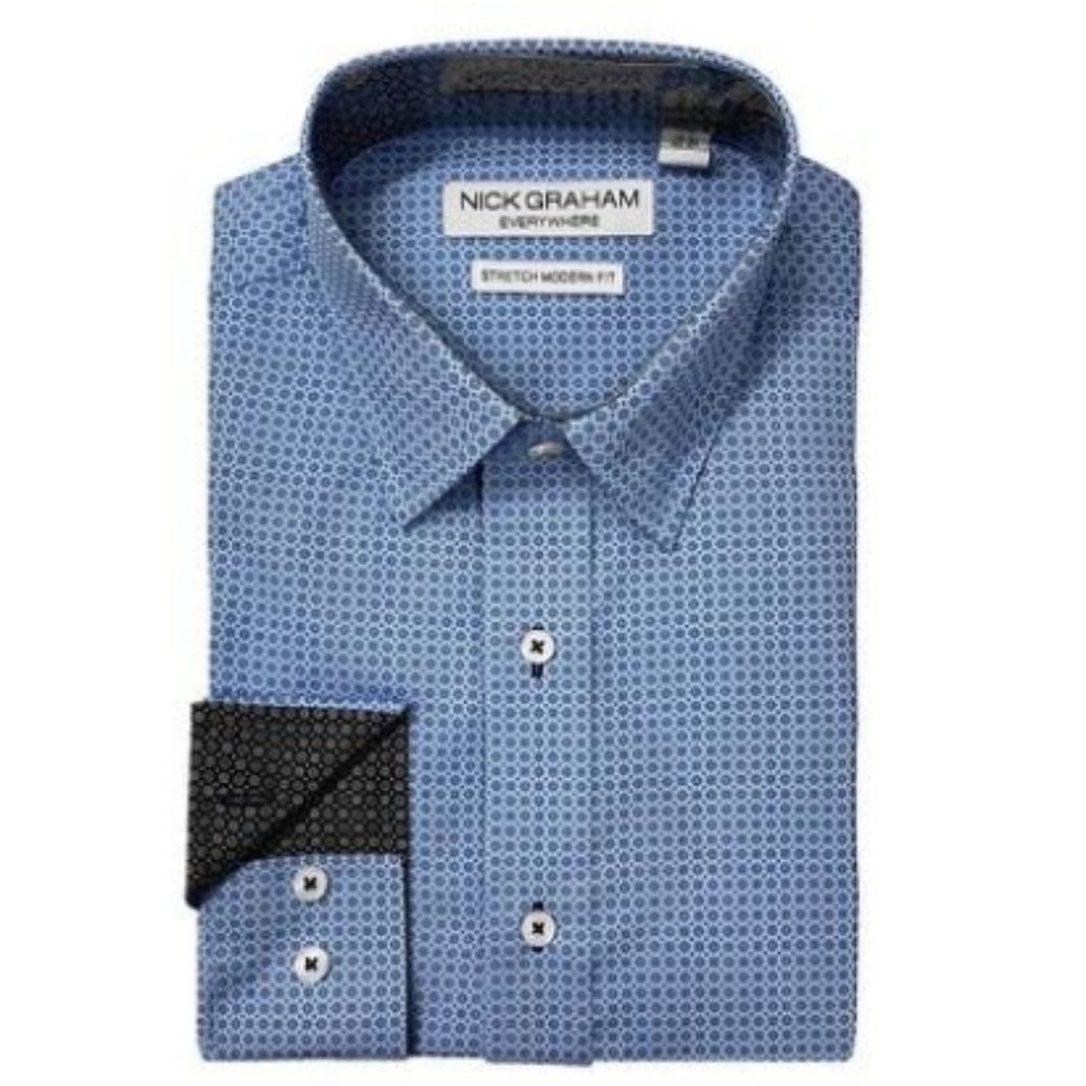 Nick Graham Blue Geometric Print  Stretch Long Sleeve Dress Shirt 16-16.5 Neck
